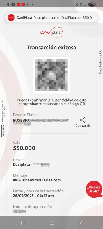 Comprobante de pago a un ganador