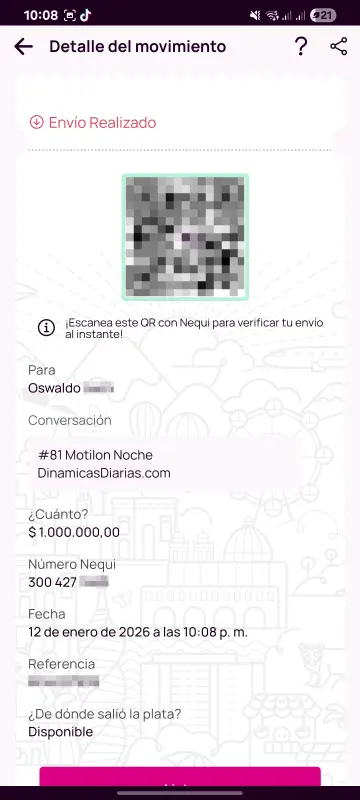 Comprobante de pago a un ganador