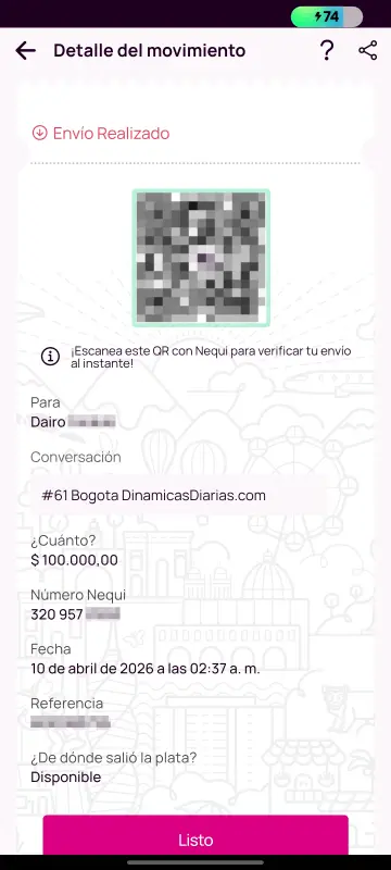 Comprobante de pago a un ganador