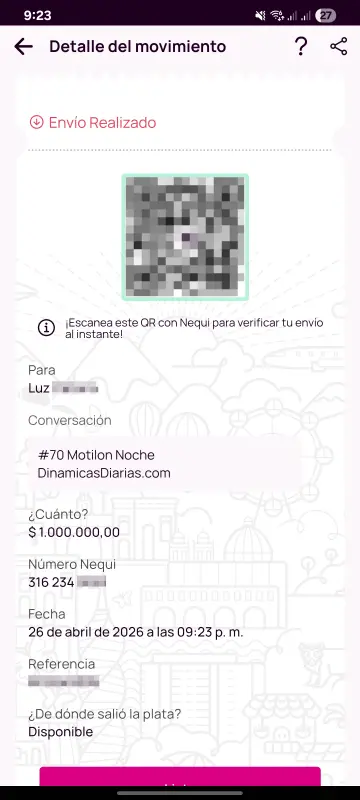 Comprobante de pago a un ganador