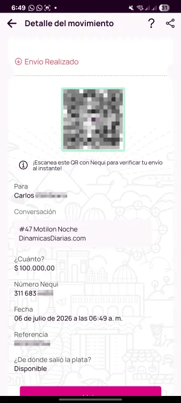 Comprobante de pago a un ganador