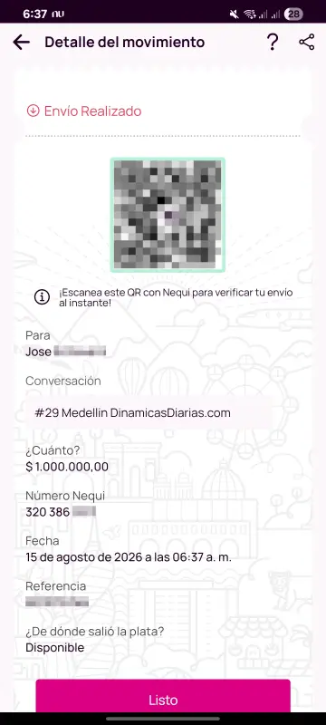 Comprobante de pago a un ganador