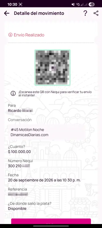 Comprobante de pago a un ganador
