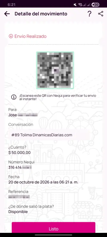 Comprobante de pago a un ganador