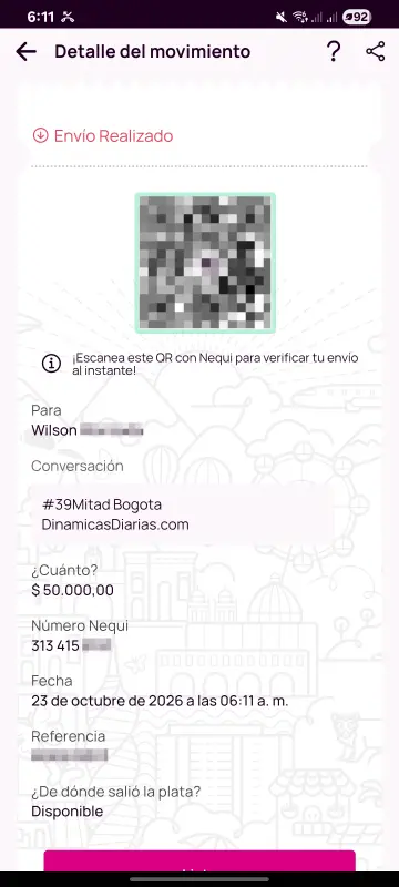 Comprobante de pago a un ganador